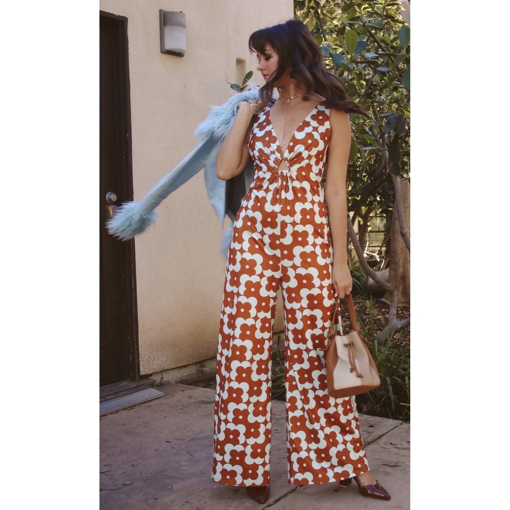 Anthropologie Hutch Size Large Ashland Retro Flower V-Neck Jumpsuit Brown Mint